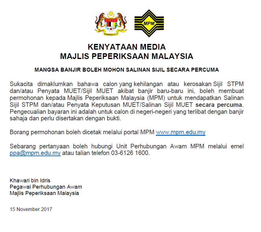 Contoh Surat Wakil Ambil Sijil Spm