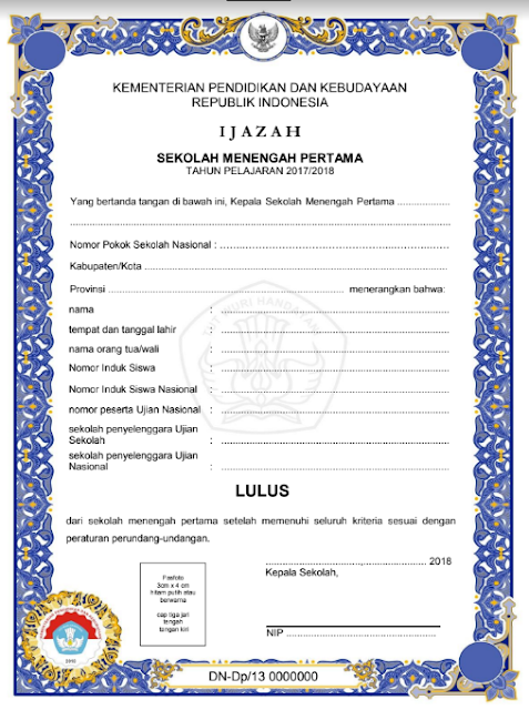 DOWNLOAD BLANGKO IJAZAH SMP 2018