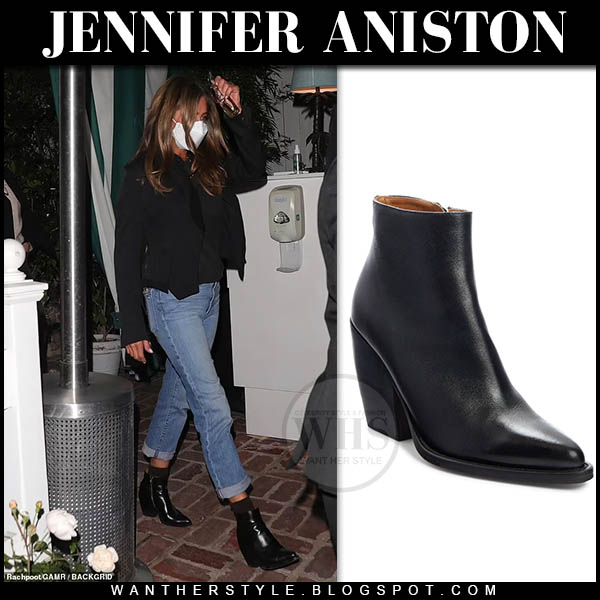 Jennifer Aniston in black jacket, jeans and black ankle boots