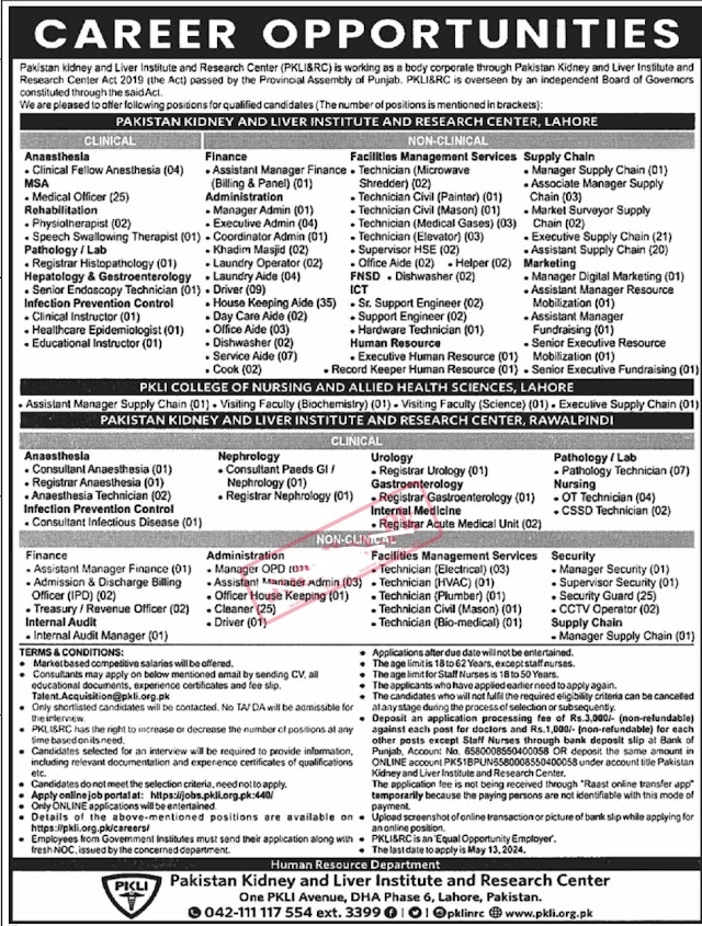 Embark on a Fulfilling Career Journey with Pakistan Kidney And Liver Institute & Research Centre (PKLI&RC) Jobs 2024