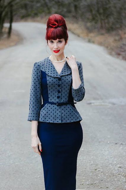 Leonora Fitted Dress Navy Grey Polka Dots from Stop Staring!