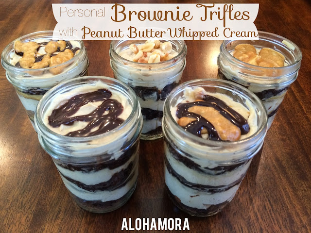 Single serving Personal Brownie Trifles with Peanut Butter Whipped Cream in a Mason Jar.  These trifles are easy to put together, something fun and different, can easily be made ahead of time, and allows for so much variation.  Oh, and you use a brownie mix from a box.  Alohamora Open a Book http://www.alohamoraopenabook.blogspot.com/ easy simple quick fun cold dessert recipe delicious, chocolate and peanut butter, would taste great with cookie butter