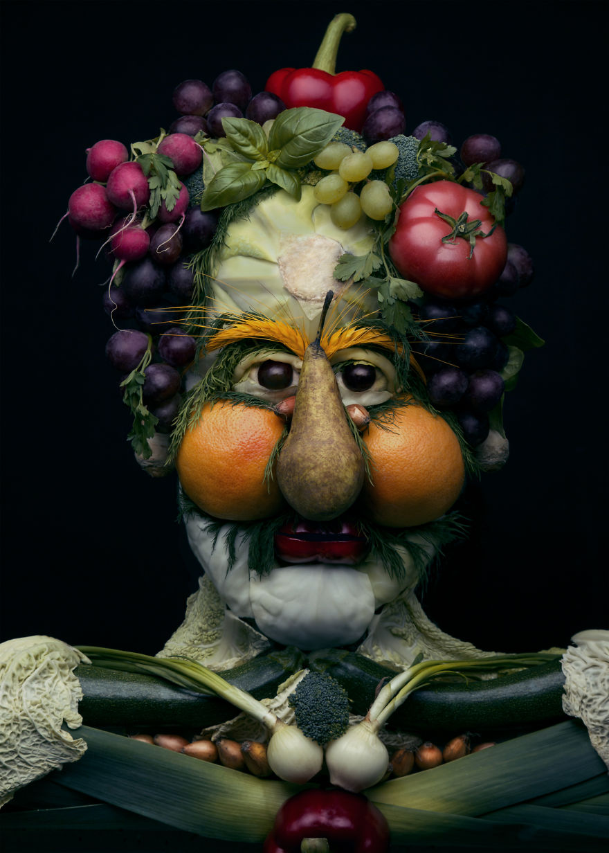アルチンボルトのオマージュ作品 本物の野菜や果物で人の顔を描いた A ミライノシテン