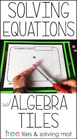 Wondering how to use algebra tiles to solve equations? In this post there are 3 examples for using algebra tiles to solve equations, a free set of paper algebra tiles and a free algebra tiles worksheet solving mat. Algebra tiles are awesome for making algebra visual, hands-on and help introduce students to new difficult topics in a fun way.