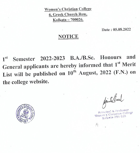 Women Christian College Merit List Date 2022