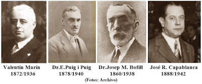 Los ajedrecistas Valentín Marín, Dr. Esteve Puig i Puig, Dr. Josep Maria Bofill i Pichot y José Raúl Capablanca 