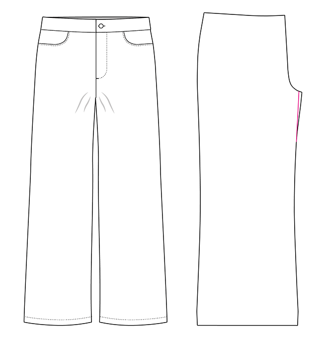 A line drawing showing drag lines coming down from the front crotch. Next to this is a diagram showing how to shorten the front crotch.