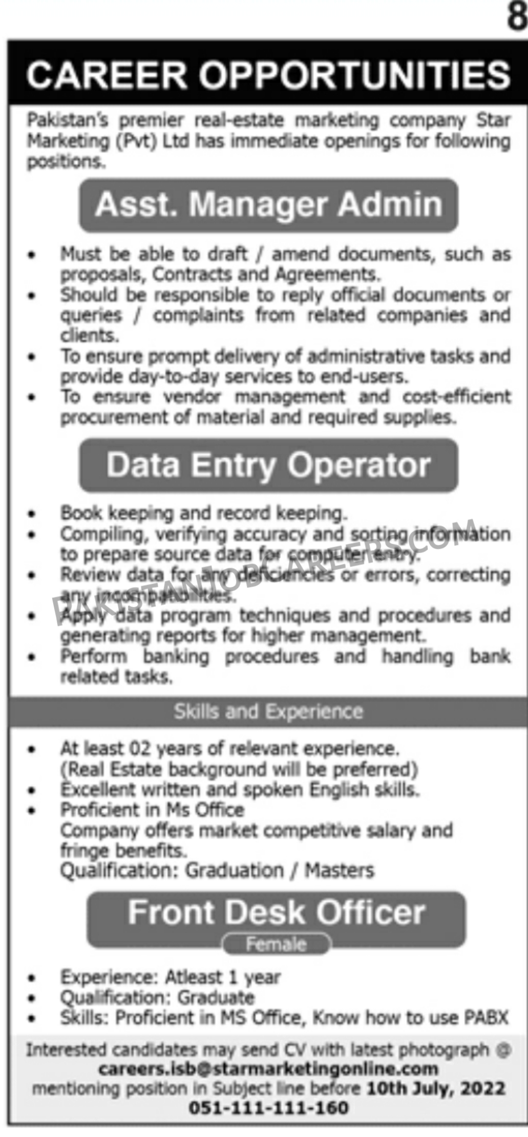Star Marketing Pvt Ltd Jobs 2022 For Assist. Manager Admin, Data Entry Operator, Front Desk Officer Latest