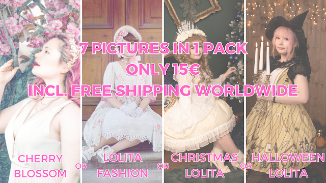 picture which has four equal sizes and four different pictures in one. The text says 7 pictures in one pack incl. free shipping. cherry blossom or lolita fashion or christmas lolita or halloween lolita