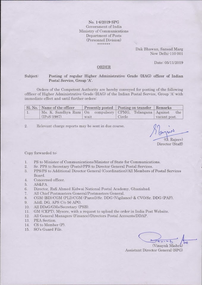Posting of regular HAG officer of IPoS, Gr. 'A'   C/o Ms. K. Sandhya Rani as CPMG Telangana.