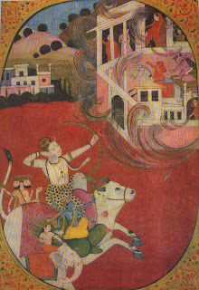 Tripurantaka-Shiva shooting the single arrow which destroyed the three flying cities of the demons; Pahari Miniature.