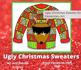 Cover for an art worksheet with the drawing of a Christmas sweater with a tacky reindeer with glasses