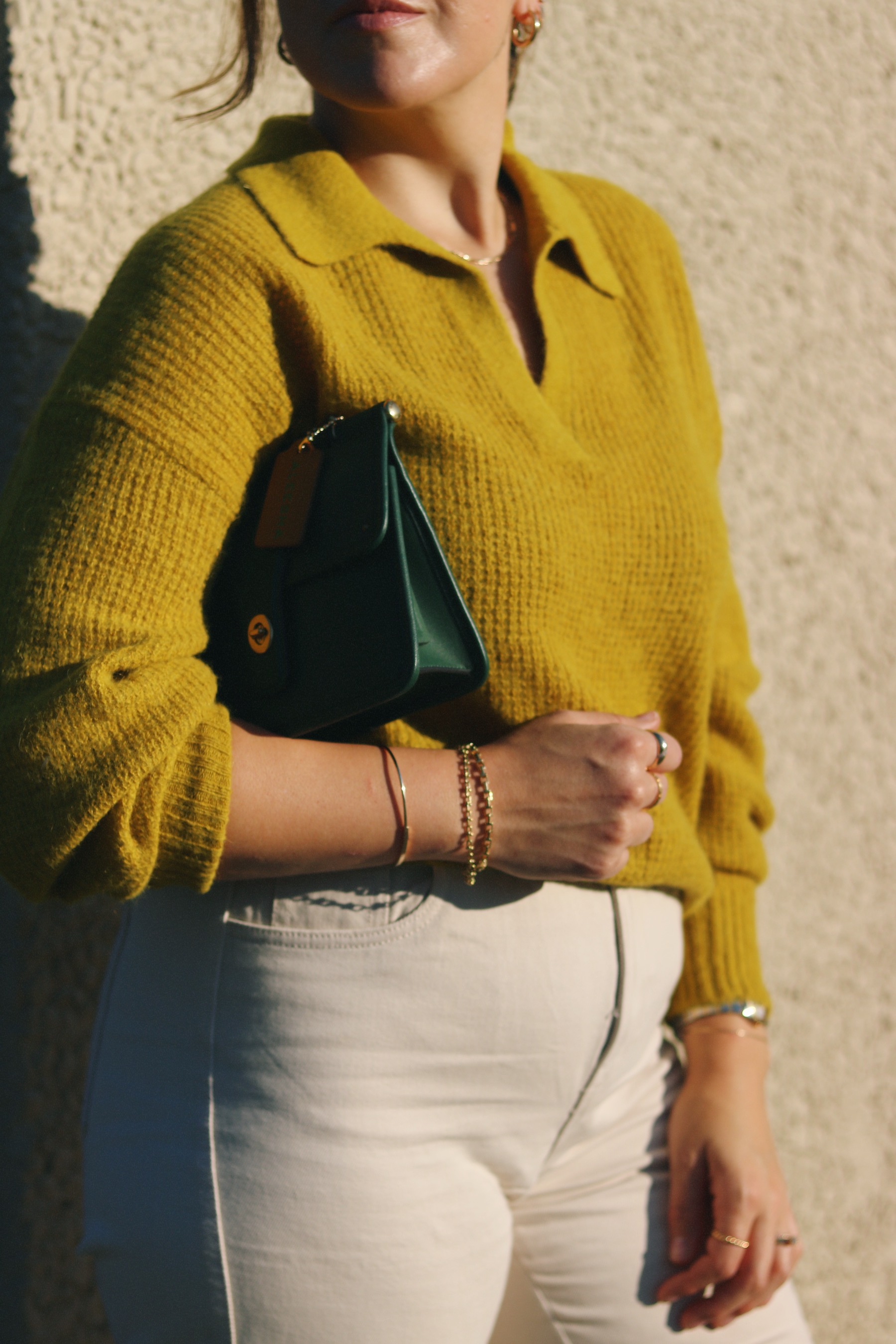 coach mini bag Everlane alpaca waffle-stitch polo sweater outfit lime green gucci loafers.JPG