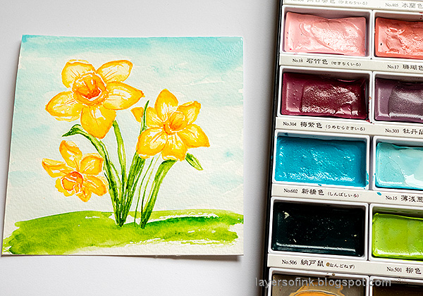 Layers of ink - Watercolor Daffodils Tutorial by Anna-Karin Evaldsson. Paint the sky.