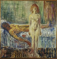 Painting of a naked woman standing beside a naked man lying on a bed