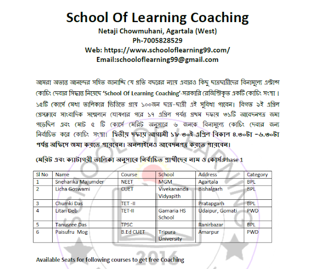 Selected Candidates List 2023 for Free Coaching Classes : School Of Learning Coaching Agartala