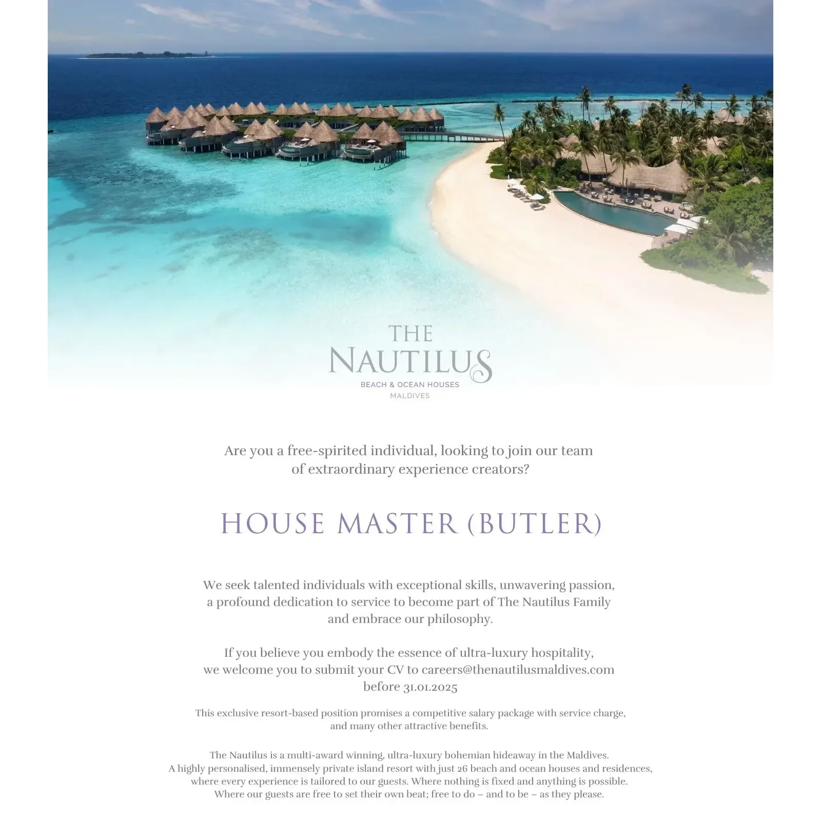 image of House Master (Butler) Job Vacancy at The Nautilus Maldives job advert
