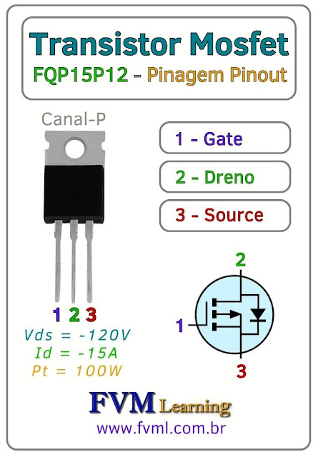 Datasheet-Pinagem-Pinout-Transistor-Mosfet-Canal-P-FQP15P12-Características-Substituição-fvml