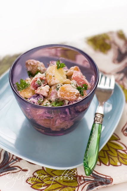 Vegan potato salad recipe made with tiny heirloom pink, purple and yellow potatoes and vegan Vegenaise mayo