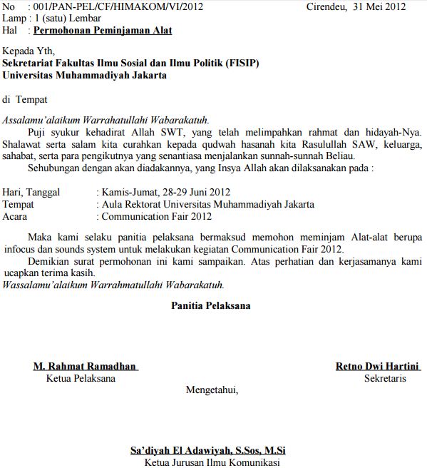 Contoh Surat Peminjaman Sarana Perlengkapan Seminan 