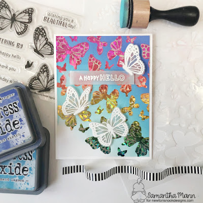 A Happy Hello Card by Samantha Mann for Newton's Nook Designs, Deco Foil, Butterflies, Heat Embossing, Stencil, Card Making, Handmade Cards, Rainbow #cardmaking #newtonsnookdesigns #heatembossing #decofoil