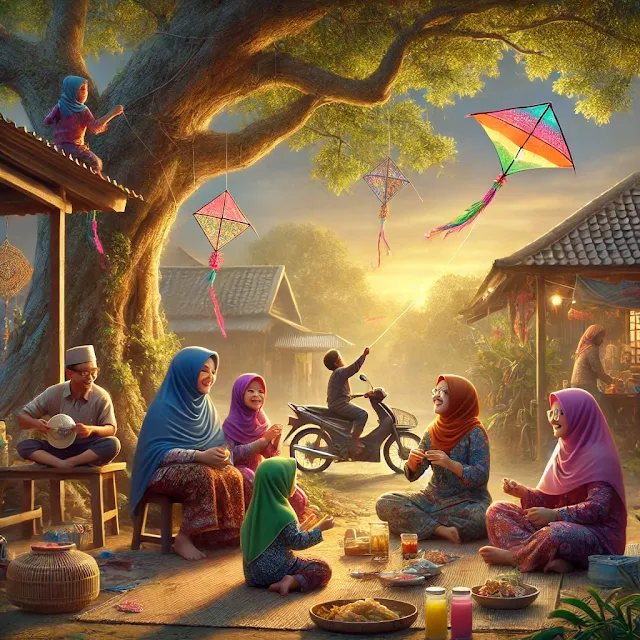 tradisi ngabuburit di Indonesia, menampilkan anak-anak bermain layang-layang dan wanita berjilbab yang sedang bersantai di suasana pasar Ramadan