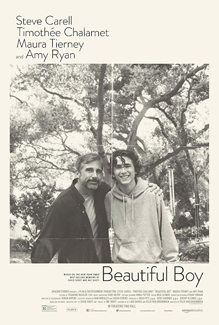 Poster for Beautiful Boy starring Steve Carell and TImothée Chalamet based on the father and son memoirs by David and Nic Scheff