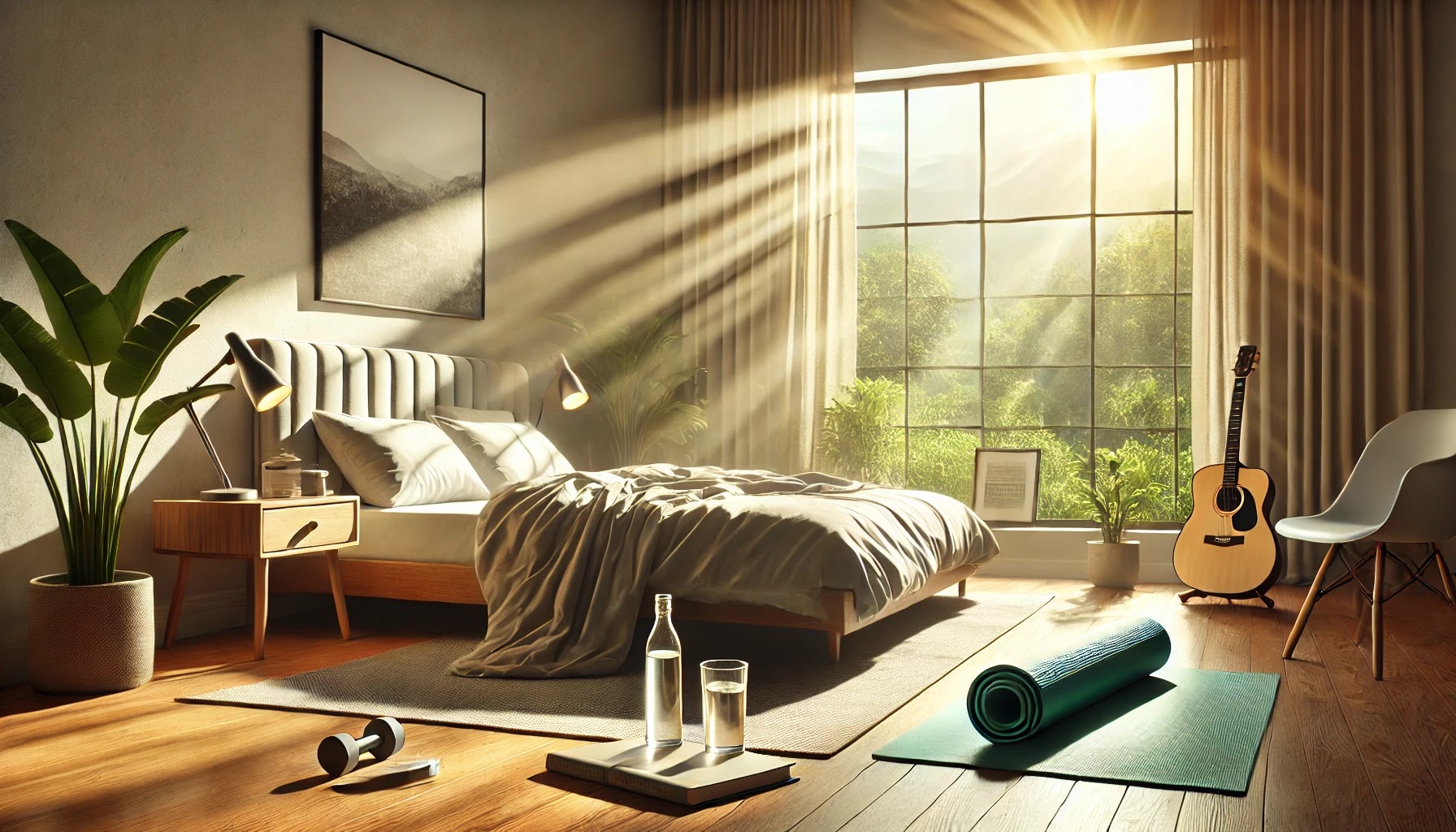 an organized bedroom with natural light