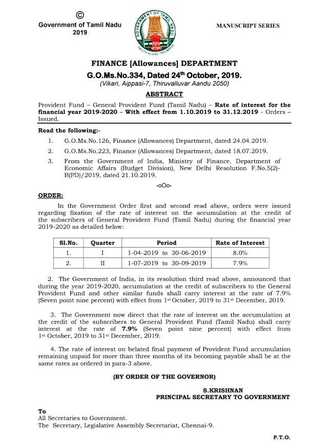 G.O 334-date 24.10.2019- General provident Rate of interest 