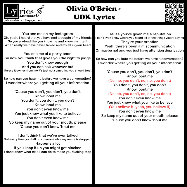 Olivia O'Brien - UDK Lyrics | lyricsassistance.blogspot.com