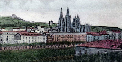 Vista coloreada de Burgos, el paseo de La Isla, la catedral y al fondo el castillo Isa, la e