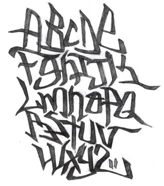 Simple Graffiti Alphabet Letters A-Z Black and White printable 