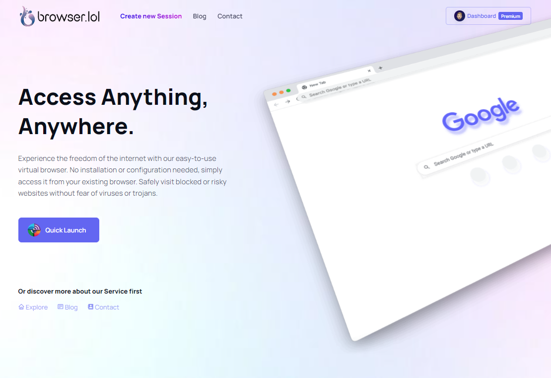 Browser.lol provides you with easy-to-use default browsers Chrome, Firefox, Tor Browser and Edge in an online virtual environment