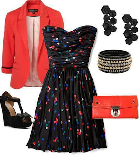 CONJUNTO DE VERANO (VESTIDO NEGRO CON PUNTOS DE COLORES Y ACCESORIOS)