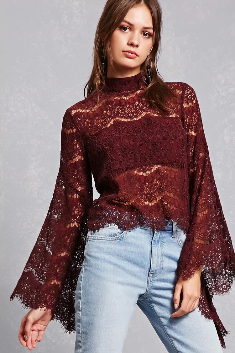 Burgundy Lace Bell Sleeve Top