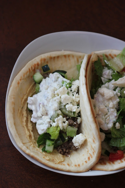 Greek-Style Flatbread Tacos - Recipe, pinterest image greek-style flatbread tacos, finished greek tacos
