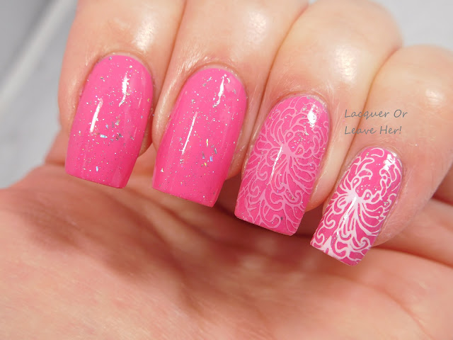 Messy Mansion MM46 stamped over daniPro My Girl Pure Pink + Spellbound Nails Comet