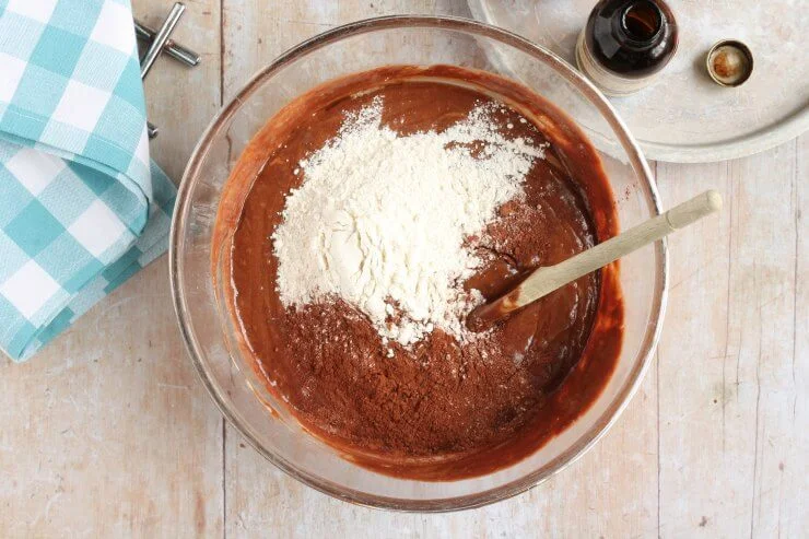 Flour and cocoa mixed into the Nutella Brownie batter