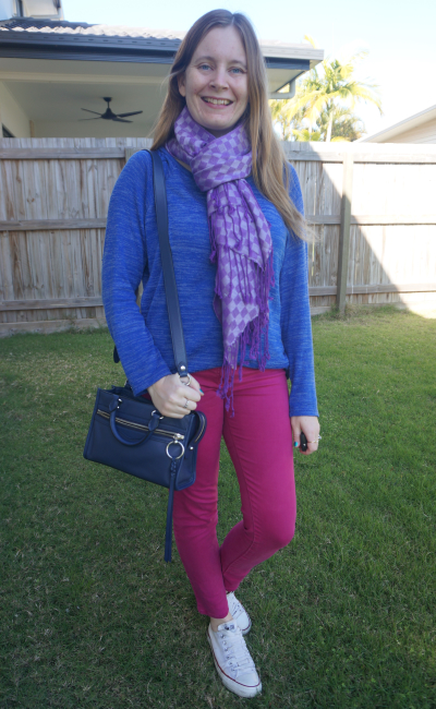 pink and blue knit and jeans winter outfit converse purple scarf cobalt jumper and magenta pink jeans | awayfromblue