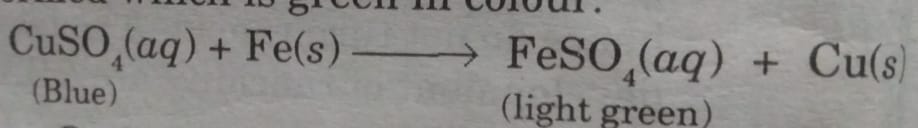 Why does the colour of copper sulphate solution change when an iron nail is dipped in it? Why does the colour of copper sulphate solution change when an iron nail is dipped in it?