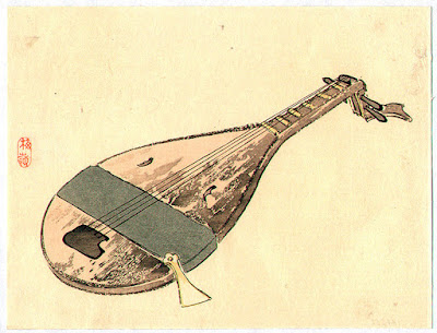 Ukiyo-e. Träsnitt. Musikinstrument. Biwa. Kono Barei.