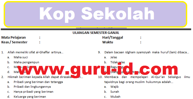 Soal Agama Islam Kelas 7 Semester 1 2 Dan Kunci Jawaban