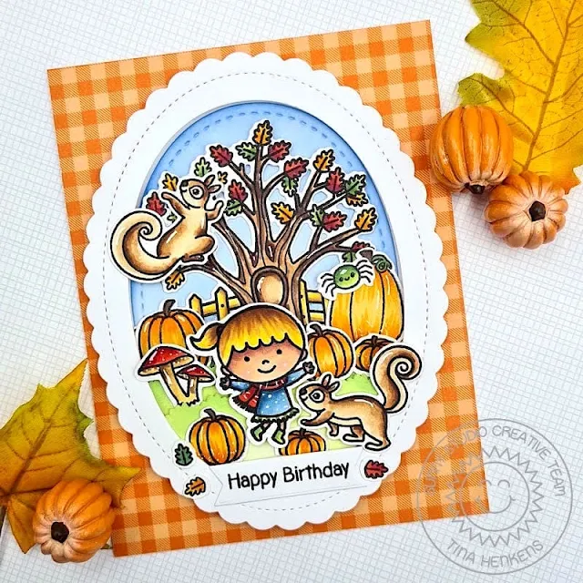 Sunny Studio Stamps: Fall Scenes Autumn Themed Card by Tina (featuring Fall Kiddos, Squirrel Friends, Scalloped Oval Mat Dies)