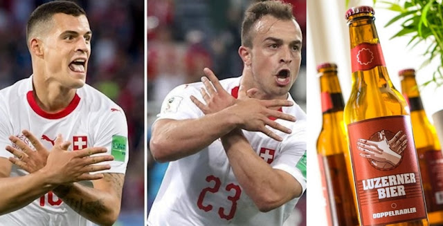 Swiss Beer 'Doppelradler' with double-headed eagle logo after Xhaka and Shaqiri goals against Serbia