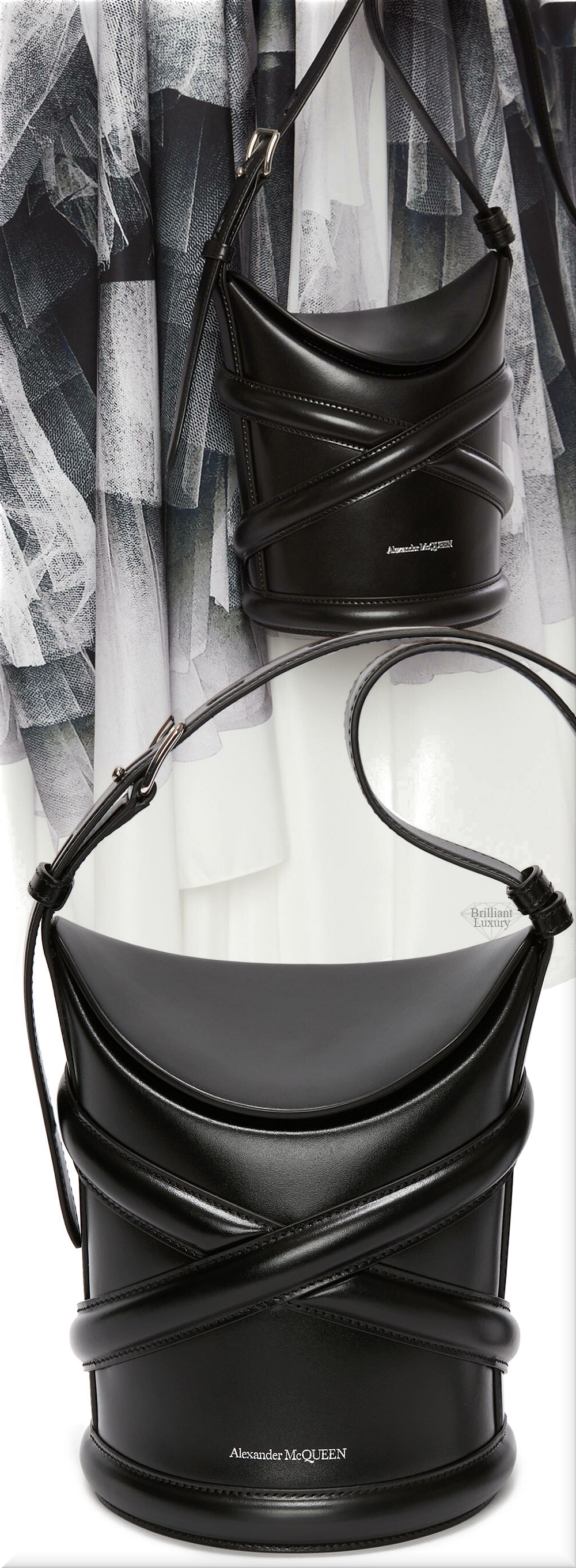 ♦Alexander McQueen The Curve black leather shoulder strap bucket bag #alexandermcqueen #bags #black #brilliantluxury