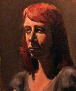 Oil painting of a woman with shoulder-length dyed red hair wearing a blue top.