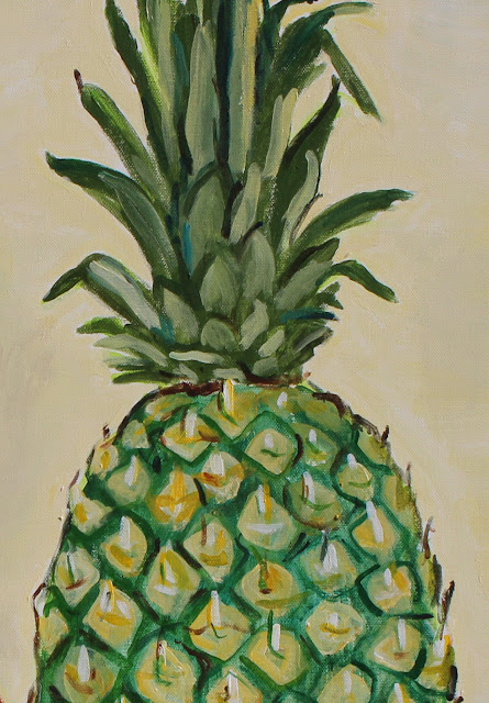 still-life, pineapple, sarah, myers, vase, pear, oranges, acrylic, painting, fruit, ceramic, exuberant, amy, myers, canvas, large, shapes, round, earthenware, terracotta, contemporary, art, arte, kunst, pintura, maleri, natura, morte, figurative, classical, representative, bright, detail, close-up, leaves, top