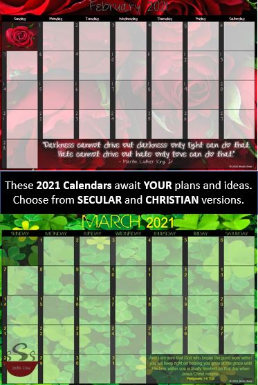 Secular and Christian 2021 Calendars for recording plans and ideas or accomplishing general organizational goals.