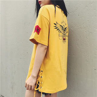 Tops Clothes Oversized T Shirt Harajuku Punk Rock Short Sleeve Side Lace up Korean Style Women