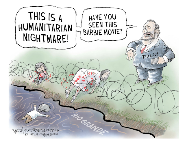 Ted Cruz stands at the bank of the Rio Grande, where a woman and a child are entangled in barbed wire and another child floats, face-down, in the river.  Cruz says, 